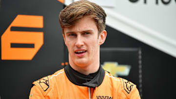 Apr 20, 2024; Long Beach, California, USA; Arrow McLaren driver Theo Pourchaire (6) of France during qualifying at Long Beach Street Circuit. Mandatory Credit: Gary A. Vasquez-Imagn Images