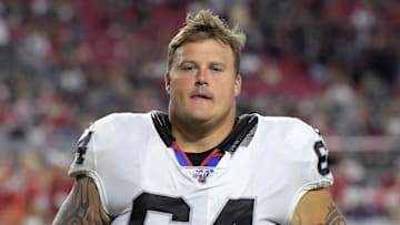 Aug 15, 2019; Glendale, AZ, USA; Oakland Raiders center Richie Incognito (64) during an NFL football game against the Arizona Cardinals. The Raiders defeated the Cardinals 33-26. Mandatory Credit: Kirby Lee-Imagn Images