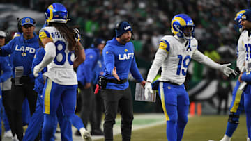 Jan 19, 2025; Philadelphia, Pennsylvania, USA; Los Angeles Rams head coach Sean McVay (center) reacts on the sidelines in the first half against the Philadelphia Eagles in a 2025 NFC divisional round game at Lincoln Financial Field. Mandatory Credit: Eric Hartline-Imagn Images