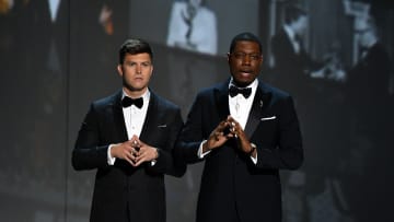 Sep 17, 2018; Los Angeles, CA, USA; Colin Jost (L) and Michael Che at the end of the 70th Emmy Awards at the Microsoft Theater.