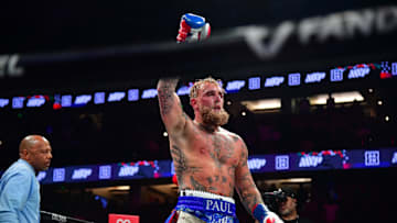 Jun 28, 2025; Anaheim, California, USA; Jake Paul reacts following his match against Julio Cesar Chavez Jr. at Honda Center. Mandatory Credit: Gary A. Vasquez-Imagn Images