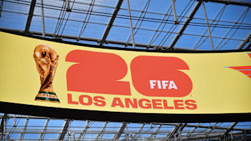 Mar 13, 2025; Inglewood, California, USA; LA World Cup 2026 branding pictured during the unveiling of the new test soccer pitch in anticipation of Nations League play and 2026 World Cup at SoFi Stadium. Mandatory Credit: Gary A. Vasquez-Imagn Images
