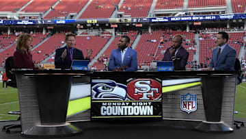 Nov 11, 2019; Santa Clara, CA, USA; ESPN Monday Night Football Countdown hosts (from left) Suzy Kolber, Steve Young, Randy Moss, Louis Riddick and Adam Schefter on the set before the game between the San Francisco 49ers and the Seattle Seahawks at Levi's Stadium. Mandatory Credit: Kirby Lee-Imagn Images