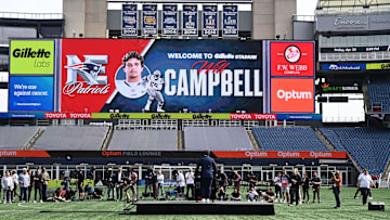 New England Patriots first round draft pick Will Campbell address media during a press conference on the game field at Gillette Stadium.  