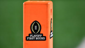 A logo for the College Football Playoff First Round on a pylon during the first quarter between the Indiana Hoosiers and Notre Dame Fighting Irish at Notre Dame Stadium. Mandatory Credit: Matt Cashore-Imagn Images
