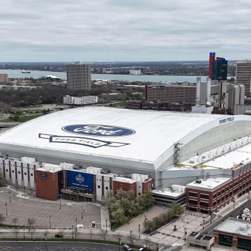 Apr 24, 2024; Detroit, MI, USA; A general overall aerial view of Ford Field. The stadium is the home of the Detroit Lions.