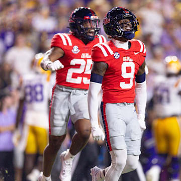 Oct 12, 2024; Baton Rouge, Louisiana, USA;  Mississippi Rebels cornerback Trey Amos (9) reacts after a play against the LSU Tigers during the first half at Tiger Stadium. Mandatory Credit: Stephen Lew-Imagn Images