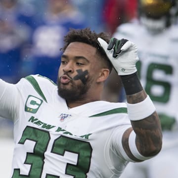 Dec 29, 2019; Orchard Park, New York, USA; New York Jets strong safety Jamal Adams (33) warms up prior to a game against the Buffalo Bills at New Era Field. Mandatory Credit: Mark Konezny-Imagn Images