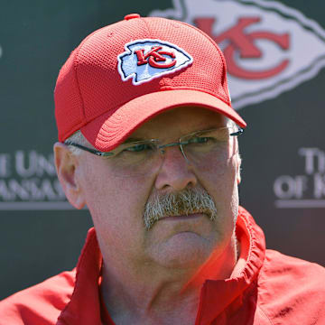 May 6, 2017; Kansas City, MO, USA; Kansas City Chiefs head coach Andy Reid speaks to media during the rookie mini camp at the University of Kansas Hospital Training Complex. Mandatory Credit: Denny Medley-Imagn Images