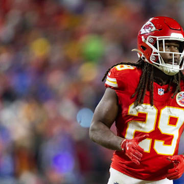 Jan 26, 2025; Kansas City, MO, USA; Kansas City Chiefs running back Kareem Hunt (29) against the Buffalo Bills in the AFC Championship game at GEHA Field at Arrowhead Stadium. Mandatory Credit: Mark J. Rebilas-Imagn Images