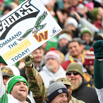 Jan 26, 2025; Philadelphia, PA, USA; Philadelphia Eagles fans hold up signs during the first half in the NFC Championship game at Lincoln Financial Field. Mandatory Credit: Eric Hartline-Imagn Images