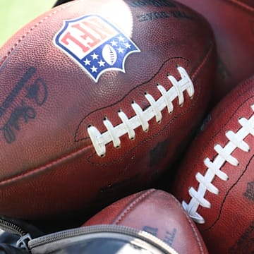 Oct 29, 2023; Charlotte, North Carolina, USA; A bag of footballs at Bank of America Stadium. Mandatory Credit: Bob Donnan-Imagn Images