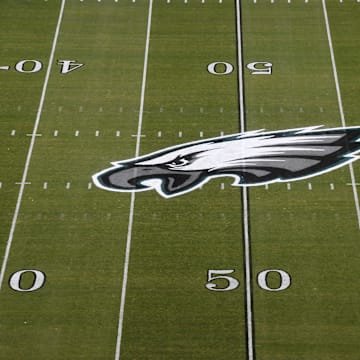 Nov 28, 2016; Philadelphia, PA, USA; General overall view of the Philadelphia Eagles logo at midfield during NFL football game against the Green Bay Packers at Lincoln Financial Field. Mandatory Credit: Kirby Lee-Imagn Images