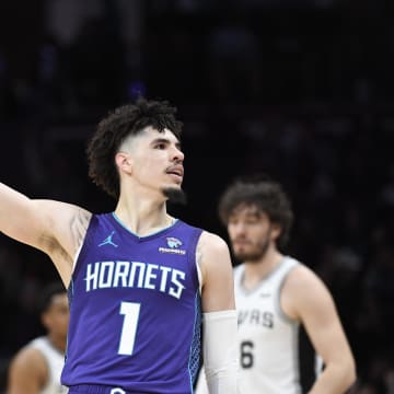Jan 19, 2024; Charlotte, North Carolina, USA;  Charlotte Hornets guard LaMelo Ball (1) reacts after scoring during the second half against the San Antonio Spurs at the Spectrum Center. Mandatory Credit: Sam Sharpe-USA TODAY Sports