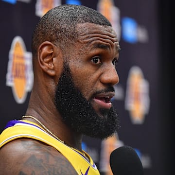 Oct 2, 2023; El Segundo, CA, USA; Los Angeles Lakers forward LeBron James (23) speaks during media day at UCLA Health Training Center. Mandatory Credit: Gary A. Vasquez-Imagn Images