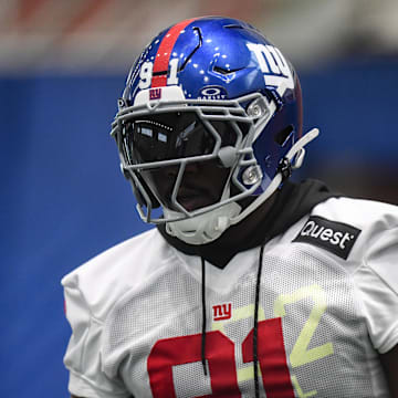 May 9, 2025; East Rutherford, NJ, USA; New York Giants defensive tackle Darius Alexander (91) participates in a drill during rookie minicamp at Quest Diagnostics Training Center.  