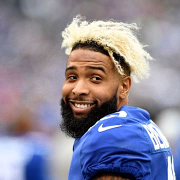 New York Giants wide receiver Odell Beckham Jr. (13) smiles at a photographer in the first half on Sunday, Oct. 28, 2018, in East Rutherford.

Giants Vs Redskins