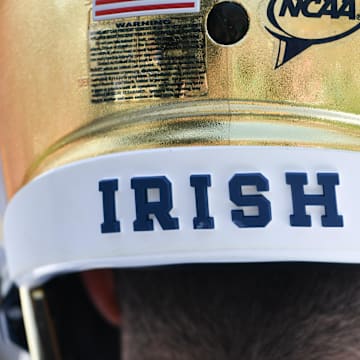 Apr 23, 2022; Notre Dame, Indiana, USA; A detail of the Notre Dame Fighting Irish helmet during warmups of the Blue-Gold Game at Notre Dame Stadium. Mandatory Credit: Matt Cashore-Imagn Images