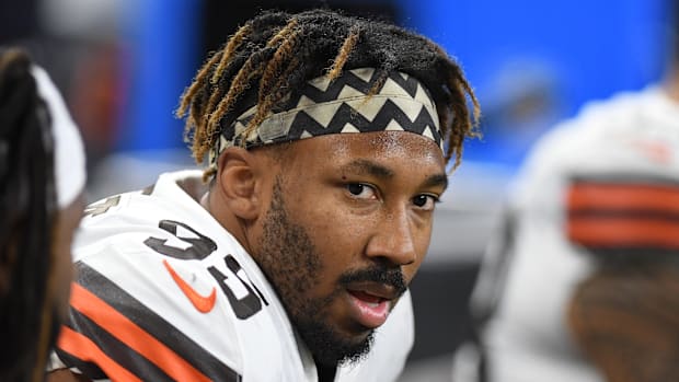 Cleveland Browns defensive end Myles Garrett (95) on the bench against the Buffalo Bills
