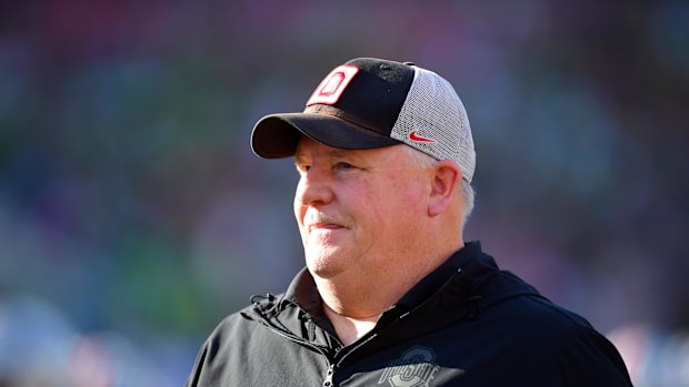 Ohio State Buckeyes offensive coordinator Chip Kelly looks on before the 2025 Rose Bowl