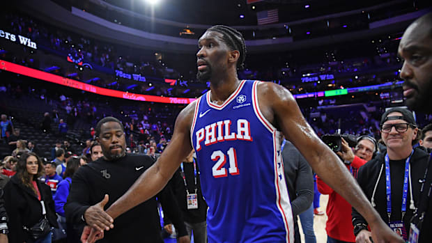 Apr 2, 2024; Philadelphia, Pennsylvania, USA; Philadelphia 76ers center Joel Embiid (21) walks off