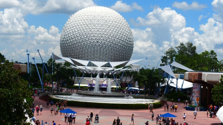 The EPCOT ball is seen from the monorail in an image prior to the massive construction project that