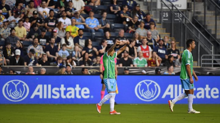 Apr 30, 2024; Philadelphia, Pennsylvania, USA; Seattle Sounders forward Raúl Ruidíaz (9) reacts after scoring a goal during the first half against the Philadelphia Union at Subaru Park. Mandatory Credit: Eric Hartline-Imagn Images