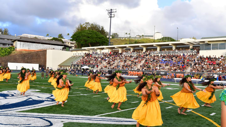 Jan 20, 2023; Honolulu, Hawaii, US; Hula dancers perform at the Polynesian Bowl at Kunuiakea