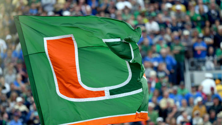 Oct 29, 2016; South Bend, IN, USA; The Miami Hurricanes flag flies during the first quarter of the game against the Notre Dame Fighting Irish at Notre Dame Stadium. Notre Dame won 30-27. Mandatory Credit: Matt Cashore-USA TODAY Sports