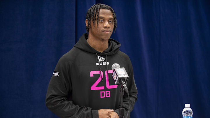 Feb 27, 2025; Indianapolis, IN, USA; Florida defensive back Jason Marshall (DB20) during the 2025 NFL Combine at Lucas Oil Stadium. Mandatory Credit: Tanner Pearson-Imagn Images