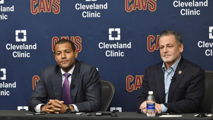 Jul 26, 2017; Cleveland, OH, USA; Cleveland Cavaliers general manager Koby Altman (L) and owner Dan