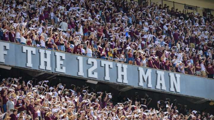 Sep 18, 2021; College Station, Texas, USA; A view of the stands and the fans and the 12th Man logo