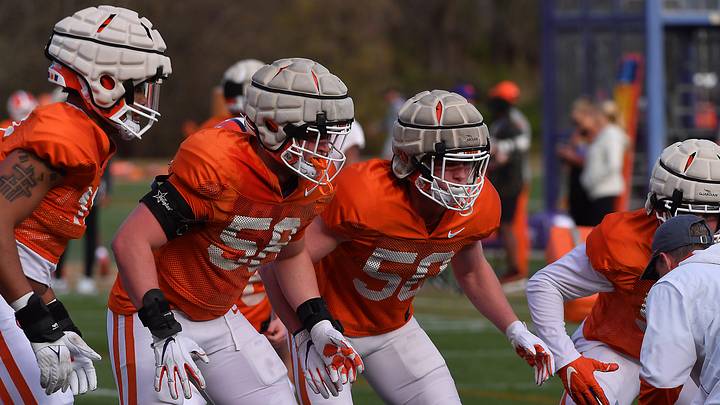 The Clemson University football team at the third day of spring practice at the University's football Complex in Clemson, SC, Wednesday, March 8, 2023.  The Clemson defensive line during drills.

Gre 2023 Day 3 Clemson Football38