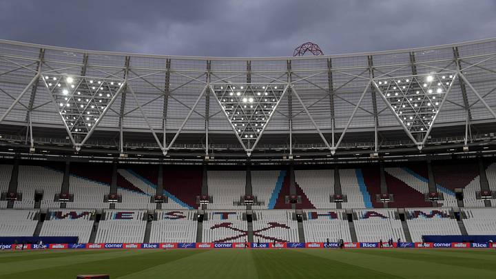 Jul 21, 2016; London, United Kingdom; General view of the seats at Olympic Stadium with the team name West Ham United F.C. prior to the London Anniversary Games. Mandatory Credit: Kirby Lee-Imagn Images
