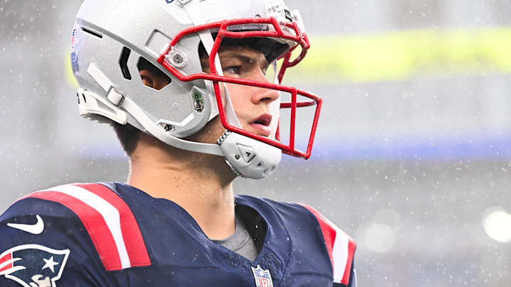 August 8, 2024; Foxborough, MA, USA;  New England Patriots quarterback Drake Maye (10)warms up before a game against the Carolina Panthers at Gillette Stadium. Mandatory Credit: Eric Canha-USA TODAY Sports