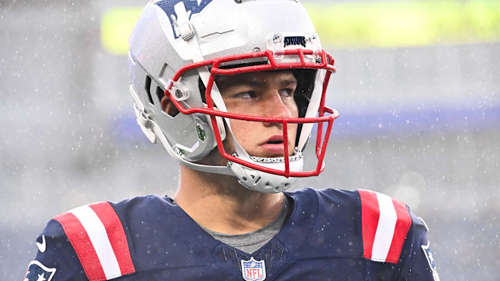 August 8, 2024; Foxborough, MA, USA;  New England Patriots quarterback Drake Maye (10) warms up before a game against the Carolina Panthers at Gillette Stadium. Mandatory Credit: Eric Canha-Imagn Images