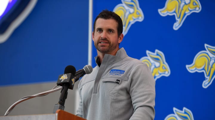 South Dakota State’s head coach Jimmy Rogers speaks during media day’s luncheon on Wednesday, Aug. 14, 2024 at Dana J. Dykehouse in Brookings.