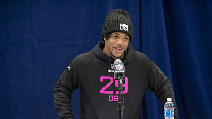 Feb 27, 2025; Indianapolis, IN, USA; Southern California defensive back Jaylin Smith (DB29) during the 2025 NFL Combine at Lucas Oil Stadium. Mandatory Credit: Tanner Pearson-Imagn Images Feb 27, 2025; Indianapolis, IN, USA; Southern California defensive back Jaylin Smith (DB29) during the 2025 NFL Combine at Lucas Oil Stadium. Mandatory Credit: Tanner Pearson-Imagn Images