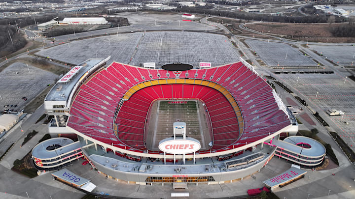 Feb 14, 2024; Kansas City, MO, USA; A general overall aerial view of Arrowhead Stadium at the Truman Sports Complex. Mandatory Credit: Kirby Lee-Imagn Images