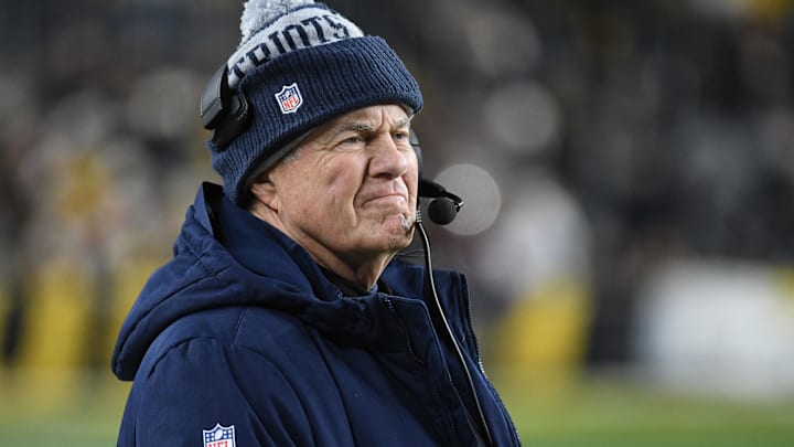 Dec 7, 2023; Pittsburgh, Pennsylvania, USA;  New England Patriots head coach Bill Belichick on the sidelines against the Pittsburgh Steelers during the fourth quarter at Acrisure Stadium. The Steelers lost 21-18. Mandatory Credit: Philip G. Pavely-Imagn Images