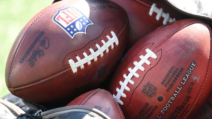 Oct 29, 2023; Charlotte, North Carolina, USA; A bag of footballs at Bank of America Stadium. Mandatory Credit: Bob Donnan-USA TODAY Sports