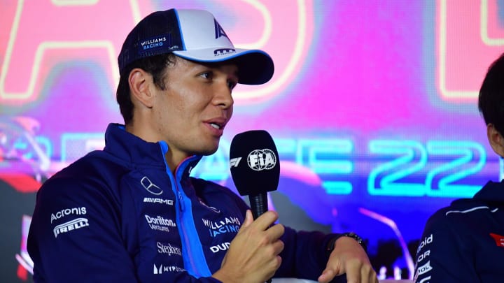 Nov 15, 2023; Las Vegas, Nevada, USA; Williams Racing driver Alexander Albon of Thailand speaks during media availabilities at Las Vegas Strip Circuit. Mandatory Credit: Gary A. Vasquez-USA TODAY Sports