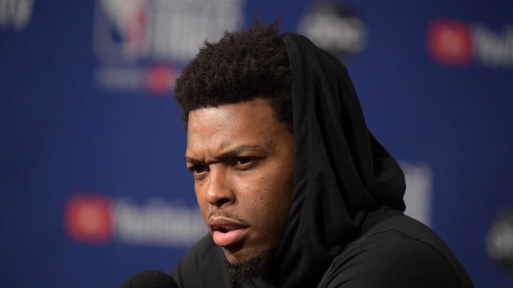 May 29, 2019; Toronto, Ontario, CAN;  Toronto Raptors guard Kyle Lowry (7) answers question during a media conference on Media Day for the NBA Finals at Scotiabank Arena. Mandatory Credit: Dan Hamilton-USA TODAY Sports