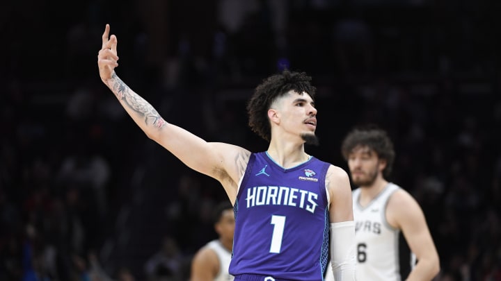 Jan 19, 2024; Charlotte, North Carolina, USA;  Charlotte Hornets guard LaMelo Ball (1) reacts after scoring during the second half against the San Antonio Spurs at the Spectrum Center. Mandatory Credit: Sam Sharpe-USA TODAY Sports