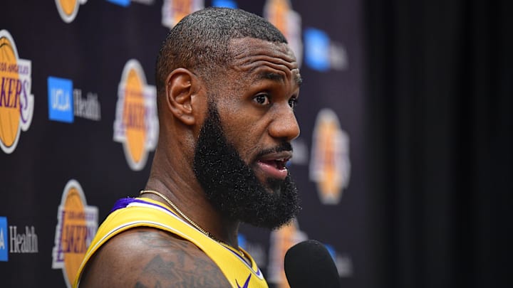 Oct 2, 2023; El Segundo, CA, USA; Los Angeles Lakers forward LeBron James (23) speaks during media day at UCLA Health Training Center. Mandatory Credit: Gary A. Vasquez-Imagn Images