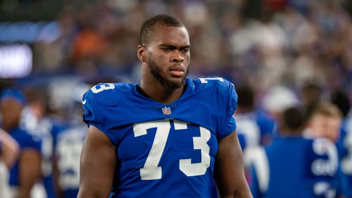 Aug 21, 2022; East Rutherford, New Jersey, USA; New York Giants offensive lineman Evan Neal (73) during the second half against the Cincinnati Bengals at MetLife Stadium.  