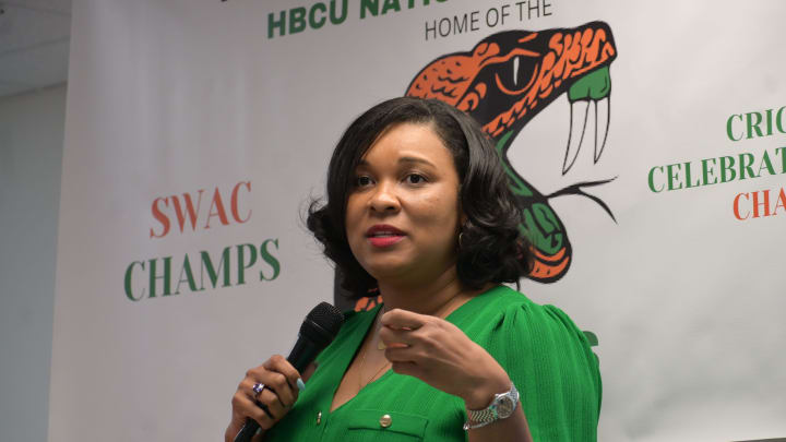 Florida A&M Vice President and Director of Athletics Tiffani-Dawn Sykes addresses Rattler Nation at the first 220 Quarterback Club Luncheon of 2024 at the Old West Florida Enrichment Center in Tallahassee, Florida, Wednesday, February 28, 2024.