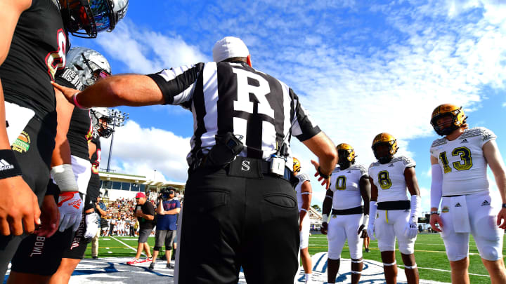 Jan 20, 2023; Honolulu, Hawaii, US; Coin toss prior to the Polynesian Bowl between Team Mauka and Team Makai at Kunuiakea Stadium.  Mandatory Credit: Steven Erler-USA TODAY NETWORK  