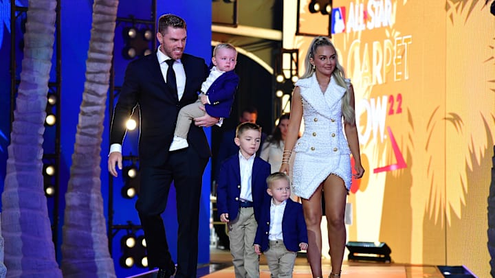 Jul 19, 2022; Los Angeles, CA, USA; National League first baseman Freddie Freeman (5) of the Los Angeles Dodgers with wife Chelsea during the Red Carpet Show at L.A. Live. Mandatory Credit: Gary A. Vasquez-Imagn Images Jul 19, 2022; Los Angeles, CA, USA; National League first baseman Freddie Freeman (5) of the Los Angeles Dodgers with wife Chelsea during the Red Carpet Show at L.A. Live. Mandatory Credit: Gary A. Vasquez-Imagn Images