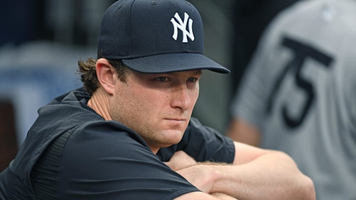 Jul 29, 2024; Philadelphia, Pennsylvania, USA; New York Yankees pitcher Gerrit Cole (45) in the dugout against the Philadelphia Phillies at Citizens Bank Park. Mandatory Credit: Eric Hartline-Imagn Images